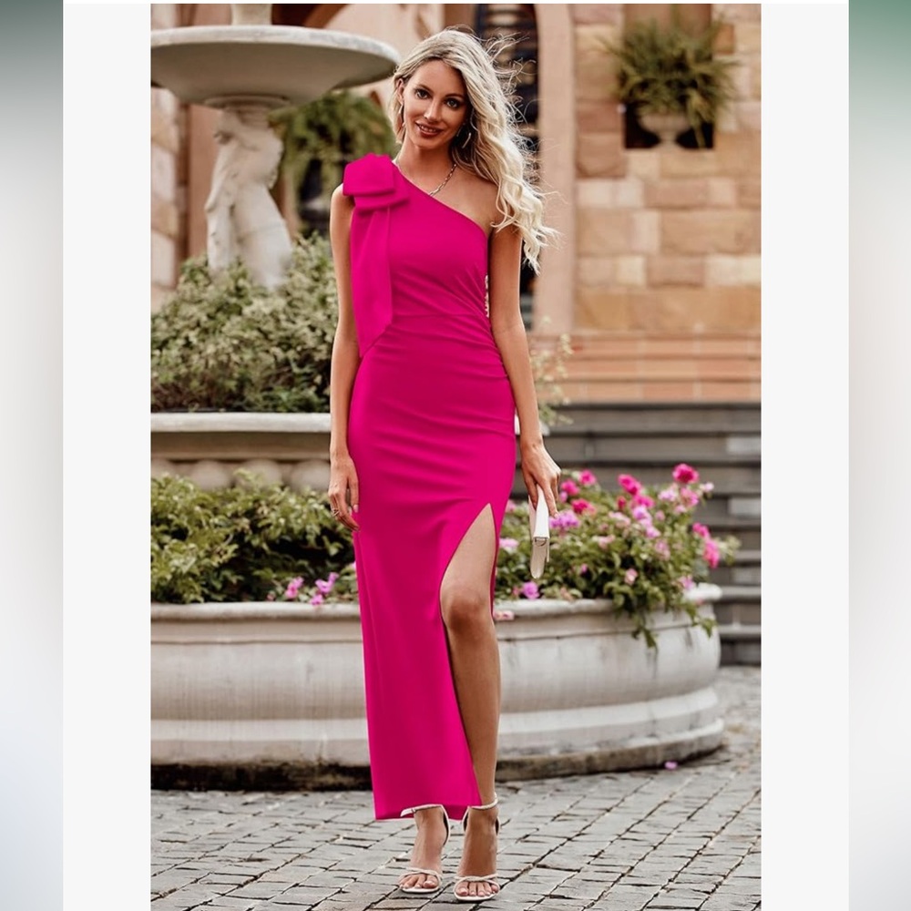 Hot pink wedding guest maxi dress